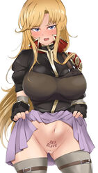 1girls angry armor ass_visible_through_thighs bar_censor bare_thighs black_gloves black_shirt blonde_hair blue_eyes blush breastplate breasts censored clarisse_(fire_emblem) clothes_lift cowboy_shot embarrassed eyebrows_visible_through_hair female female_only fingerless_gloves fire_emblem fire_emblem:_new_mystery_of_the_emblem full-face_blush gloves groin heavy_blush highres humiliating_tattoo large_breasts lifted_by_self long_hair looking_at_viewer miniskirt navel nintendo no_panties open_mouth presenting presenting_pussy pubic_tattoo purple_eyes pussy sex_slave shirt short_sleeves simple_background skirt skirt_lift slave solo tattoo thighhighs thighs toshimasa toshimasa_(ztvy3575) upskirt very_long_hair white_background