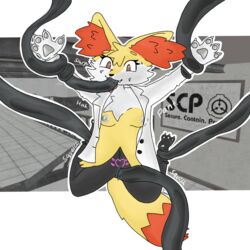 ambiguous_gender anthro arms_tied bent_legs black_nose bodily_fluids bound braixen breasts brown_eyes canid canine chest_tuft claws clothed clothing coat comic digital_media_(artwork) english_text faceless_character female female_focus fluffy fluffy_ears fluffy_tail fox fur genital_fluids genitals grey_body grey_fur hair heca_g hecate_(heca_g) hi_res inside intersex intersex/female lab_coat legs_back legs_tied licking mammal markings nintendo nipple_outline nipples oral oral_penetration orange_body orange_fur outline partially_clothed pawpads paws penetration pokémon_(species) pokemon pokemon_(species) pussy pussy_juice raised_arm restrained saliva saliva_on_tongue scp_foundation sex short_hair solo sound_effects sweat sweatdrop tentacle tentacle_bondage tentacle_in_mouth tentacle_monster tentacle_penetration text tongue tongue_out topwear tuft vaginal_penetration video_games white_body white_fur white_outline yellow_body yellow_fur