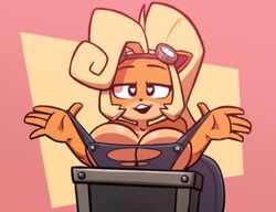 <3_eyes 2022 activision anthro bandicoot big_breasts blonde_hair breast_rest breasts cleavage clothed clothing coco_bandicoot crash_(series) eyewear eyewear_on_head female front_view goggles goggles_on_head hair heart humanoid_hands mammal marsupial off_shoulder open_mouth orange_body overalls partially_clothed solo video_games yopy