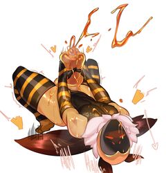 1boy bee bee_boy bee_costume cock_sleeve costume cumshot ejaculation hostkaun male_only mask masturbation penis solo thighhighs white_background