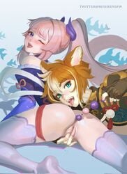 1boy 1girls absurd_res absurdres anal anal_beads anal_beads_pull anal_insertion anilingus animal_ears ass ass_focus blonde_hair boshke bottomless clothed dog_boy dog_ears female fingering fingering_partner fingering_pussy fingers from_behind genshin_impact gorou_(genshin_impact) hetero highres human human_only large_anal_beads legs_apart long_hair looking_at_viewer looking_back male male/female masturbating masturbation one_eye_closed oral oral_sex pink_hair ponytail pussy rimjob sangonomiya_kokomi sex sex_toy short_hair straight thighhighs tongue two_tone_hair wet