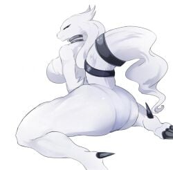 ass_focus big_ass big_breasts dragon dragon_girl fluffy fluffy_tail kakhao legendary_pokémon long_eyelashes nintendo pokémon_(species) pokemon reshiram reshiram_(thiccwithaq) thick_thighs white_background white_fur