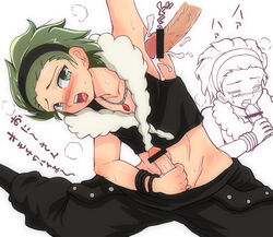 armpit_sex armpits blush cum gay green_eyes green_hair headband idolmaster_side-m japanese_text male male_only mitarai_shouta necklace open_mouth pants rakkokun_tondoru yaoi