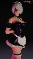 1girls 3d black_dress blender blindfold breasts maid nier:_automata nier_(series) shandyxz thighs white_hair yorha_2b