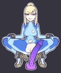 1girls bimbo blonde blonde_hair blue_eyes bodysuit dildo female female_focus female_only high_heels horny metroid outline ponytail pussy samus_aran sex_toy simple_background squatting torn_bodysuit torn_clothes tyoinked zero_suit_samus