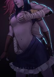 2girls absurdres arcane arcane_caitlyn arcane_vi artist_name bandaged_arm bandages biting biting_lip blue_hair breast_grab breasts caitlyn_kiramman canon_couple closed_eyes clothes_lift clothes_pull dated female fingering from_behind grabbing highres league_of_legends multiple_girls navel nipples pink_hair shirt_lift shoulder_tattoo skirt skirt_pull sufleh tattoo teeth vi yuri