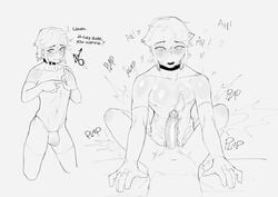 2boys androgynous blush cheesecrumbles cumshot male_only male_pov monochrome pov sex short_hair sketch suggestive_gesture yaoi