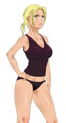 1girls black_panties black_tank_top blonde_hair blue_eyes breasts camisole cleavage groin hand_on_hip highres lips medium_breasts muko. namco navel nina_williams panties ponytail short_ponytail tan_skin tank_top tekken tekken_2 tekken_3 tekken_4 tekken_5_dark_resurrection tekken_7 tekken_tag_tournament tekken_tag_tournament_2 thighs underwear underwear_only white_background