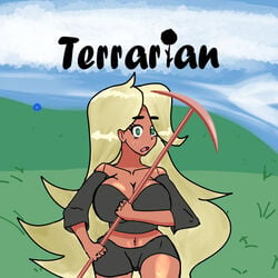 background big_hair blonde_hair blush brown_skin cleavage clouds field freesphinx green_eyes gyaru holding holding_object huge_breasts large_ass large_breasts midriff pickaxe shorts stomach surprised terraria thick_eyebrows thick_thighs