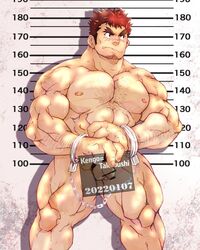 1boy censored cuffs flaccid_penis hairy_arms hairy_chest human human_only kengo_(tokyo_afterschool_summoners) male male_only nude nude_male solo tokyo_afterschool_summoners tokyo_houkago_summoners