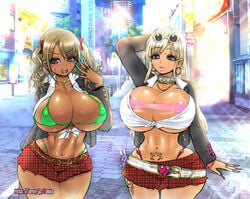 2girls airi_(rebis) big_breasts bimbo blonde_hair breasts cleavage female female_only green_thong gyaru huge_breasts long_fingernails looking_at_viewer multiple_girls nail_polish original pubic_tattoo purple_thong rebis skirt tagme tan tattoo thick_thighs thong voluptuous wide_hips yumi_(rebis)