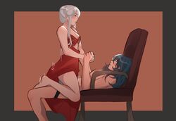 2girls alternate_costume alternate_eye_color alternate_hairstyle bare_legs barefoot blue_eyes blue_hair bra breasts byleth_(fire_emblem) byleth_(fire_emblem)_(female) chair chair_sex cleavage clothed_female_nude_female cowgirl_position dildo dress edelgard_von_hresvelg fire_emblem fire_emblem:_three_houses highres holding_hands large_breasts lesbeanlatte long_skirt looking_at_partner looking_up lying medium_hair multiple_girls nintendo nipples nude on_back on_chair post-timeskip red_bra red_eyes red_skirt sex sex_toy side_ponytail silver_hair skirt smile straddling strap-on teal_hair underwear white_hair yuri