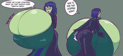 1boy 1girls big_breasts breast_expansion breasts clothed clothes clothing dialogue drink drinking english_text expansion female green_skin grey_background growth huge_breasts human humanoid large_breasts male mask mona_(shovel_knight) overgrowingassets shovel_knight simple_background speech_bubble talking text top_heavy yacht_club_games