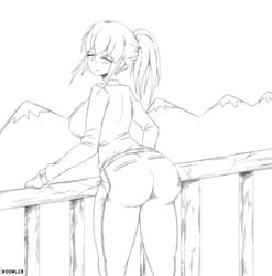 1girls ass big_ass blossom_hope breasts clothing fence looking_down misaki_takamiya pants ponytail thick_ass thick_thighs watermark white_background white_eyes white_shirt white_skin woomler