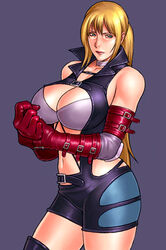 1girls alternate_costume blonde_hair blue_eyes boots bra breasts choker cleavage death_by_degrees elbow_gloves female_only gloves huge_breasts looking_to_the_side midriff navel nina_williams ponytail simple_background solo solo_female takasugi_kou tekken thigh_boots thighhighs thunder_thighs underwear