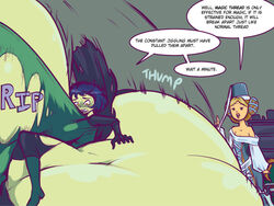 1boy 1girls ass_expansion big_breasts breast_expansion breasts clothed clothes clothing dialogue drink drinking english_text expansion female green_skin grey_background growth huge_breasts human humanoid large_breasts male mask mona_(shovel_knight) overgrowingassets shovel_knight simple_background speech_bubble talking text top_heavy yacht_club_games