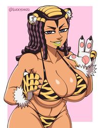 1girls animal_ears animal_print big_breasts bikini black_hair breasts claws dark-skinned_female dark_skin ermes_costello female female_focus female_only green_lipstick grey_eyes hair_ornament huge_breasts human jojo's_bizarre_adventure latina long_hair looking_at_viewer luckyshazo paws shounen_jump simple_background smiling smiling_at_viewer solo solo_female solo_focus stone_ocean tanned thick_thighs tiger_ears tiger_paws tiger_print year_of_the_tiger