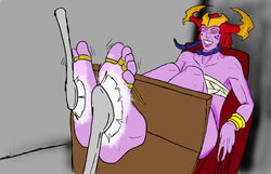 1girls bandage big_breasts blue_hair bra brush cleaning digital_drawing_(artwork) digital_media_(artwork) dragon dragon_girl foam foot_fetish foot_focus helmet league_of_legends orange_eyes purple_skin riot_games scales scalie scalie_humanoid shyvana sitting sofa stocks tickling torture washing