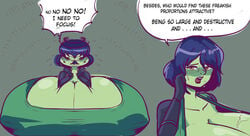 1boy 1girls ass_expansion big_breasts breast_expansion breasts clothed clothes clothing dialogue drink drinking english_text expansion female green_skin grey_background growth huge_breasts human humanoid large_breasts male mask mona_(shovel_knight) overgrowingassets shovel_knight simple_background speech_bubble talking text top_heavy yacht_club_games