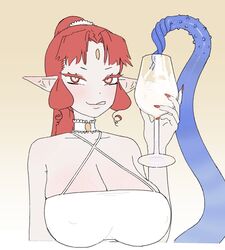 1girls blue_tentacles busty choker cleavage dress elf flat_colors glass large_breasts looking_at_viewer pointy_ears red_hair simple_background sketch tentacle tyoinked