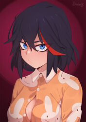 1girls black_hair blue_eyes breasts bunny_print cleavage clothed darahan female female_only kill_la_kill looking_at_viewer matoi_ryuuko open_clothes pajamas portrait simple_background solo sweat