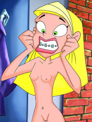 1girls blonde_hair braceface braces breasts female green_eyes light-skinned_female light_skin nipples nude pussy sharon_spitz shock shocked shocked_expression slim_waist small_breasts solo tagme wide_hips