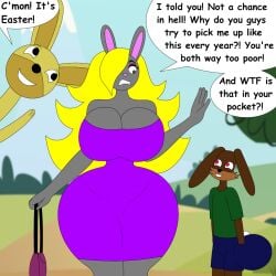 age_difference anthro breasts brown_eyes collaboration cool1263iej cool1263iej_(artist) creepy_eyes female foxtide888 frown grey_body harassment hoi_houw_(greyla) hyper_butt hyper_hips large_breasts mature_female pocket purple_dress purse rabbit shirley_morkov smile soliciting surprised_expression tight_dress