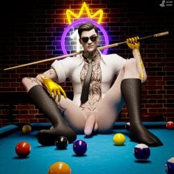 1boy balls ballsack black_hair brick_wall cue_ball cue_stick dick dress_shirt fortnite legs_spread looking_at_viewer mak0_nsfw male male_focus male_only midas_(fortnite) penis pool_table socks sunglasses tattoo tie