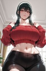 1girls ai_generated bangs bare_shoulders black_hair black_pants blurry_background blush breasts breath clothing collarbone crop_top curvaceous curvaceous_female curvaceous_figure curvy curvy_figure earrings female female_focus female_only from_below gold_earrings hairband headwear indoors inviting inviting_to_sex jewelry large_breasts lips long_hair long_sleeves looking_at_viewer looking_down midriff miyuai navel off-shoulder_sweater off_shoulder pants pantyhose parted_lips presenting presenting_ass presenting_breasts presenting_hindquarters presenting_pussy presenting_self pussy red_eyes red_sweater seductive seductive_look seductive_smile short_hair_with_long_locks sidelocks smile solo spy_x_family stable_diffusion stomach sweat sweater sweater_lift thick_thighs thighs tight_pants torn_clothes torn_pants torn_pantyhose voluptuous voluptuous_female white_hairband yoga_pants yor_briar yor_forger