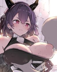 ... 1boy 2025 arknights bald bare_shoulders black_horns blush breast_sucking breasts closed_mouth faceless faceless_male female hair_between_eyes hi_res horns kyuu_(plastic_night_q) large_breasts male nipples purple_hair red_eyes short_hair spoken_ellipsis straight sweat typhon_(arknights) upper_body