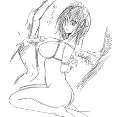 1girls 2boys ass bondage breasts fairy_tail kneeling maid_headdress monochrome nipples nude rough_sketch sketch virgo_(fairy_tail)