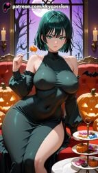 1girls 2025 ai_assisted ai_generated anime artist_name bare_shoulders bare_tree basket bat big_breasts black_dress breasts bust busty candle candlestand candy cookie covered_navel covered_nipples dress explicit female food fubuki_(one-punch_man) green_dress green_eyes green_hair halloween halloween_bucket happy_halloween hi_res high_quality high_resolution highres holding_vegetable jack-o'-lantern large_breasts moon night one-punch_man patreon patreon_username pie pumpkin short_hair silk skypassion spoon stable_diffusion watermark window wine_glass