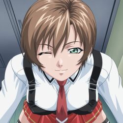 1girls academy_uniform_(bible_black) ai_generated autoenable before_sex bible_black bible_black_gaiden big_breasts breast_focus breasts brown_hair clothing cowboy_shot curvaceous curvy curvy_figure dutch_angle erect_nipples erect_nipples_under_clothes facing_viewer female female_focus female_only flirting front_view fully_clothed grabbing_own_breast green_eyes hallway highres light_brown_hair long_sleeves looking_at_viewer necktie one_eye_closed open_mouth paizuri_invitation pinup pixie_cut pleated_skirt pov presenting presenting_breasts school school_uniform schoolgirl seducing self_fondle shido_saki shirt short_hair skirt slim_waist smile solo solo_focus stockings suspenders swept_bangs teenage_female teenager thighhighs upper_body vest wink zettai_ryouiki