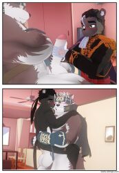 2boys 3d 3d_(artwork) abs absurd_res ainu_clothes another_eidos_of_dragon_vein_r anthro balls bara big_balls big_dom_small_sub big_penis bigger_penetrating_smaller blush canid canine canis clenched_teeth comic_panel feline flmusicshare gay gray_fur green_eyes handjob horkeukamui kafka_(another_eidos) lion living_room male male/male male_only mmd muscular muscular_male penis rough_sex sex standing_sex tears tokyo_afterschool_summoners twink two-tone_fur two_panel_image twunk video_games wolf yaoi