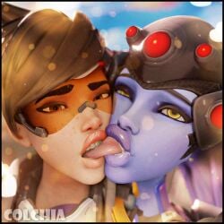 2girls artist_name bimbo bimbo_lips brown_eyes colchia female female_only kissing looking_at_viewer overwatch overwatch_2 plump_lips purple_body purple_skin tinted_eyewear tongue tongue_in_mouth tongue_kiss tongue_out tracer tracer_(overwatch_2_suit) visor visor_(eyewear) visor_glasses widowmaker yellow_eyes yuri