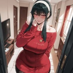 1girls ai_generated arm_behind_back bangs bare_shoulders black_hair black_pantyhose blurry_background blush breasts breath clothing collarbone covered_navel curvaceous curvaceous_female curvaceous_figure curvy curvy_figure door doorway dress earrings female female_focus female_only gold_earrings grin hairband headwear heavy_breathing indoors jewelry large_breasts long_hair long_sleeves looking_at_viewer miyuai monitor off-shoulder_dress off-shoulder_sweater off_shoulder open_door pantyhose parted_lips pov_doorway red_eyes red_sweater short_hair_with_long_locks sidelocks smile solo spy_x_family stable_diffusion sweater sweater_dress television thick_thighs thighs voluptuous voluptuous_female white_hairband wide_hips yor_briar yor_forger