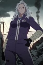1girl ai_generated black_gloves breasts cloud digitalwaifugallery dorohedoro earrings gloves grey_hair hand_on_own_hip hi_res high_quality high_resolution jacket jewelry large_breasts long_hair looking_at_viewer muscular muscular_female noi_(dorohedoro) outdoors pants patreon red_eyes rubble seductive sexy sky smoke solo track_jacket track_suit uncensored watermark white_hair