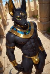 1boy 2025 abs ai_generated anthro anubian_jackal armlet armor athletic athletic_anthro athletic_male biceps biped black_body black_ears black_fur black_nipples black_nose bottomwear bracelet bulge canid canine canis cheek_tuft claws clothed clothing day deity detailed detailed_background detailed_bulge digital_media digital_media_(artwork) duo ear_piercing egyptian facial_markings facial_tuft finger_claws fingers fur furry furry_ass furry_male furry_only geidra genital_outline glistening glistening_body glistening_fur gold_(metal) gold_bracelet gold_jewelry gold_markings gold_necklace green_eyes head_markings hieroglyphics jackal jewelry looking_at_viewer male male_anthro male_only mammal markings muscular muscular_anthro muscular_male narrowed_eyes navel necklace nipples obliques outside patreon pecs piercing pillar plant portrait ring_piercing sand self_upload skimpy sky smile solo solo_focus standing tagme tail temple topless topless_anthro topless_male tuft underwear yellow_markings