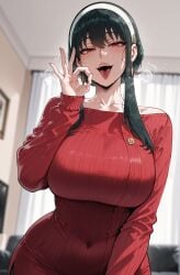 1girls ai_generated bangs bare_shoulders black_hair blurry_background blush breasts breath clothing collarbone covered_navel curtains curvaceous curvaceous_female curvaceous_figure curvy curvy_figure dress earrings fellatio_gesture female female_focus gold_earrings hairband half-closed_eyes headwear heavy_breathing indoors jewelry large_breasts long_hair long_sleeves looking_at_viewer miyuai naughty_face off-shoulder_dress off-shoulder_sweater off_shoulder open_mouth oral_invitation pantyhose red_dress red_eyes red_lips red_sweater saliva short_hair_with_long_locks sidelocks smile solo spy_x_family stable_diffusion sweat sweater sweater_dress teeth thighs tongue tongue_out upper_teeth_only voluptuous voluptuous_female white_hairband yor_briar yor_forger