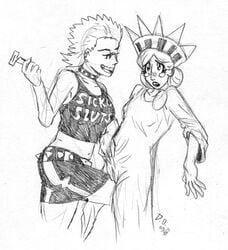 2girls ambiguous_gender artist_request artist_signature bare_midriff blonde_hair blush choker collar cuntbusting editorial_cartoon kelly monochrome punk razor sickos_meme sketch skirt statue_of_liberty tagme the_onion violence yuri