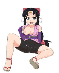 bike_shorts black_hair blue_eyes bow breasts cameltoe clothing elbow_gloves fingerless_gloves gloves headband hime_cut japanese_clothes kimono long_hair low-tied_long_hair medium_breasts ninin_ga_shinobuden ninja nipples obi one_breast_out ponytail sandals shinobu_(ninin_ga_shinobuden) spread_legs tied_hair very_long_hair weekly10