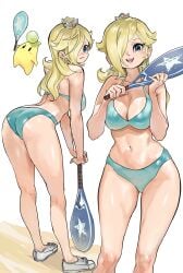 1girl 1girls alternate_breast_size_(larger) ass ball bare_shoulders behind_view bikini blonde_hair blue_bikini blue_eyes blush breasts cleavage closed_mouth collarbone crown earrings female female_only from_behind grey_crown hair_over_one_eye highres holding holding_tennis_racket jewelry large_breasts leaning_forward light-skinned_female light_skin long_hair looking_at_viewer luma_(mario) mario_(series) mario_tennis navel nintendo open_mouth princess_rosalina racket rosalina shoes silver_crown smile sneakers solo solo_female star_(symbol) star_earrings stomach sukoyaka_tsukasa swimsuit teeth tennis_ball tennis_racket upper_teeth_only