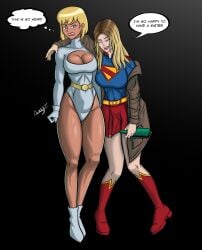 2girls alternate_self angry annoyed annoyed_expression arm_around_shoulders beer_bottle belt big_breasts blonde_hair blue_eyes bobcut bottle breasts busty cleavage_window clenched_fist coat dc dc_comics dcau dcu drunk female female_only galatea googz happy inebriated justice_league_unlimited kara_zor-el large_breasts leotard long_hair miniskirt multiple_females multiple_girls multiverse one_eye_closed one_eye_open scowling skirt source_request square_crossover supergirl supergirl_(dcu) superman_(2025) superman_(series) white_outfit