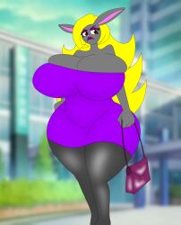anthro ass barely_contained big_breasts big_butt blonde_hair breasts brown_eyes clothing collaboration cool1263iej cool1263iej_(artist) dress female findom foxtide888 frown grey_body hair hand_on_hip huge_breasts huge_butt hyper hyper_breasts hyper_butt lagomorph leggings legwear leporid lipstick looking_away makeup mammal mature_female nylons periass purple_clothing purple_dress purse rabbit shirley_morkov solo thick_thighs tight_clothing tight_dress wide_hips