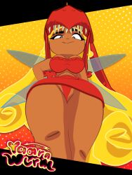 background blonde_hair bra crotch edith_up_(rayman) fairy gradient_background hand_on_hip huge_thighs looking_at_viewer nymph_(rayman) orange_background panties rayman_(series) rayman_origins red_bra red_hat red_panties red_skirt skirt watermark wings yaarnwurm
