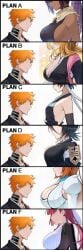 6+girls alternate_breast_size artist_request bare_shoulders black_hair bleach dark-skinned_female dokugamine_riruka faceless_female faceless_male handkerchief huge_breasts ichigo_kurosaki inoue_orihime large_breasts medium_breasts meme orange_hair purple_hair rangiku_matsumoto red_hair rukia_kuchiki shihouin_yoruichi small_breasts smile soifon third-party_edit white_background