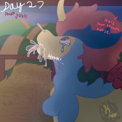 ambiguous_gender bodily_fluids crying cum cum_from_nose cum_in_ass cum_in_mouth cum_in_nose cum_inside cum_through duo feral generation_5_pokemon genital_fluids hair hay hay_bale hi_res hill hurricane_weaver keldeo kinktober kinktober_2025 legendary_pokemon looking_up male male/ambiguous nintendo onomatopoeia pokemon pokemon_(species) pulling_hair questionable_consent solo_focus sound_effects stable tears text touching_hair verbal_degradation watermark