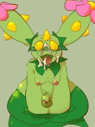 anthro bodily_fluids catjam_(artist) catjamn cum cum_on_face cum_on_tongue generation_5_pokemon genital_fluids genitals green_body hi_res looking_at_viewer looking_up looking_up_at_another male maractus nintendo nipples penis pokemon pokemon_(species) sitting sketch smile solo tongue tongue_out trans_(lore) trans_woman_(lore) yellow_eyes