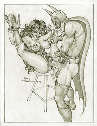 1boy 1girls 2003 batman batman_(series) big_breasts bondage breasts dc dc_comics female high_heel_boots jesus_torrealba justice_league knee_boots male monochrome nipples panties_aside pubic_hair sex straight testicles tied_up vaginal_penetration wonder_woman wonder_woman_(series)