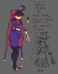 arm_behind_back bisexual bulge gloves jestelio_(submarichamomi2) jester jester_cap jester_hat jester_outfit male mask masked masked_male oc orange_eyes reference_sheet skin_tight submarichamomi2 suggestive